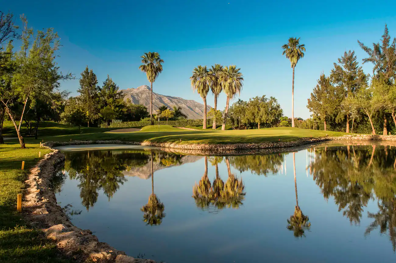 Beautiful golf course with palm trees and water features in Marbella.